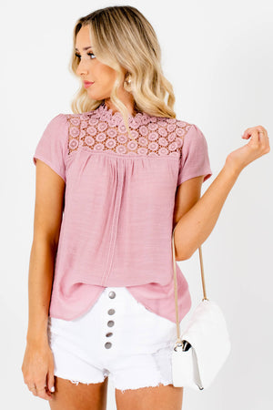 Pink Semi-Sheer Crochet Neckline Boutique Tops for Women