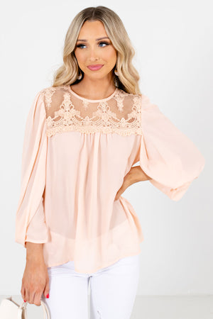 Peach Pink Semi-Sheer Lace Bodice Boutique Blouses for Women