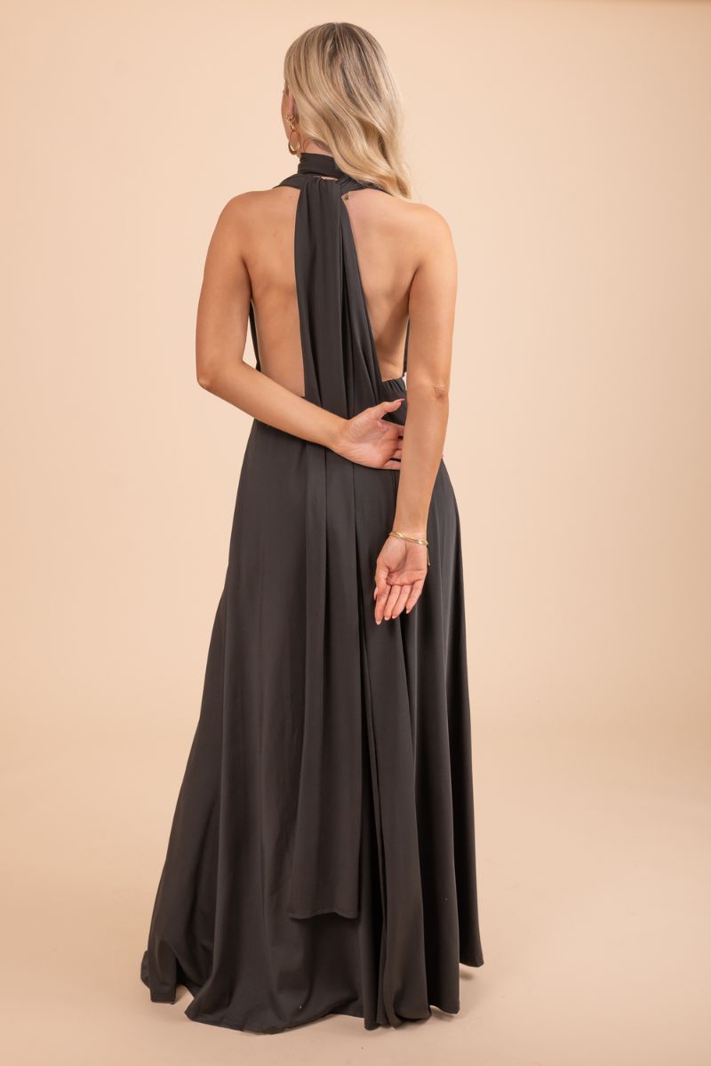 Back of Black multiway maxi dress with slit