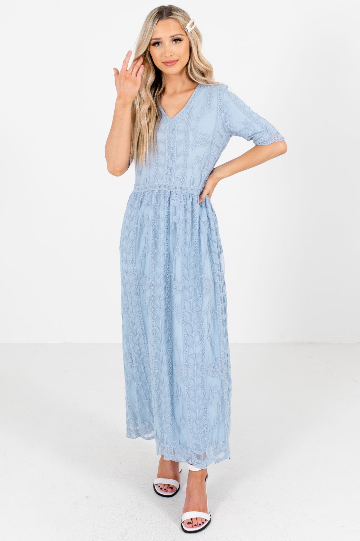 Blue Floral Lace Overlay Boutique Maxi Dresses for Women
