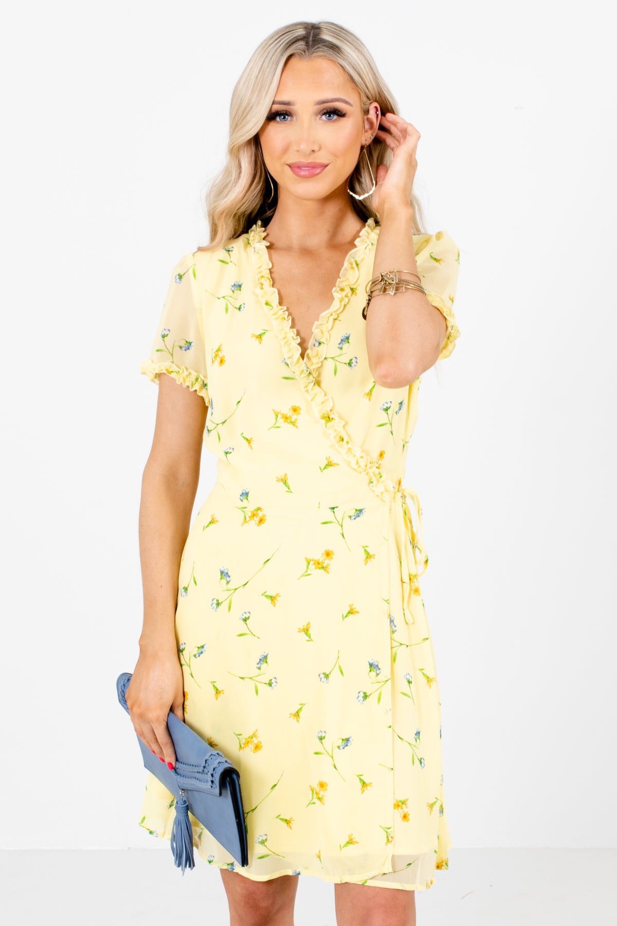 Yellow Multicolored Floral Patterned Boutique Mini Dresses for Women