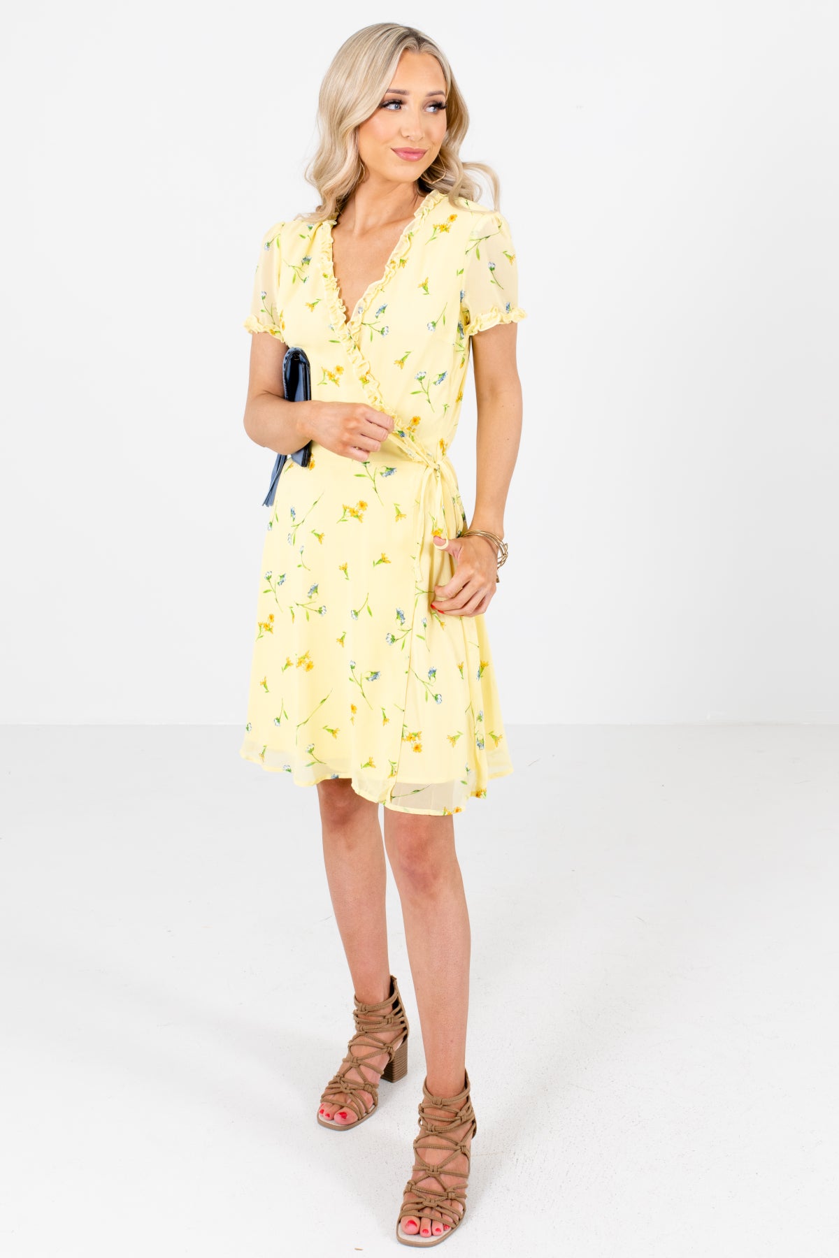 Women's Yellow Ruffle Accented Boutique Mini Dress