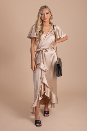ruffled silky maxi dress in champagne gold