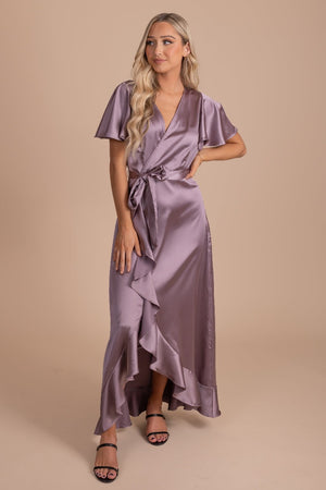 flutter sleeve maxi dress with ruffle skirt in light purple