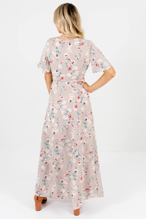 Taupe Gray Floral Print Maxi Wrap Dresses Affordable Online Boutique