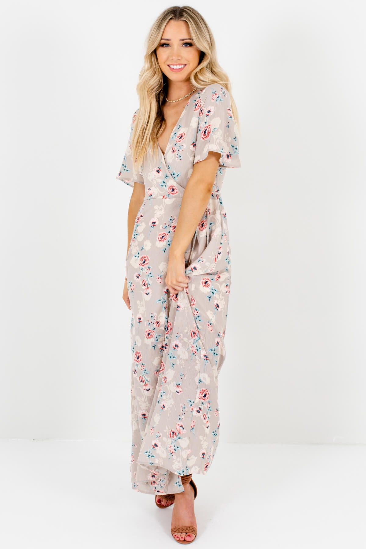 Gray Pink Teal Floral Print Wrap Maxi Dresses for Women