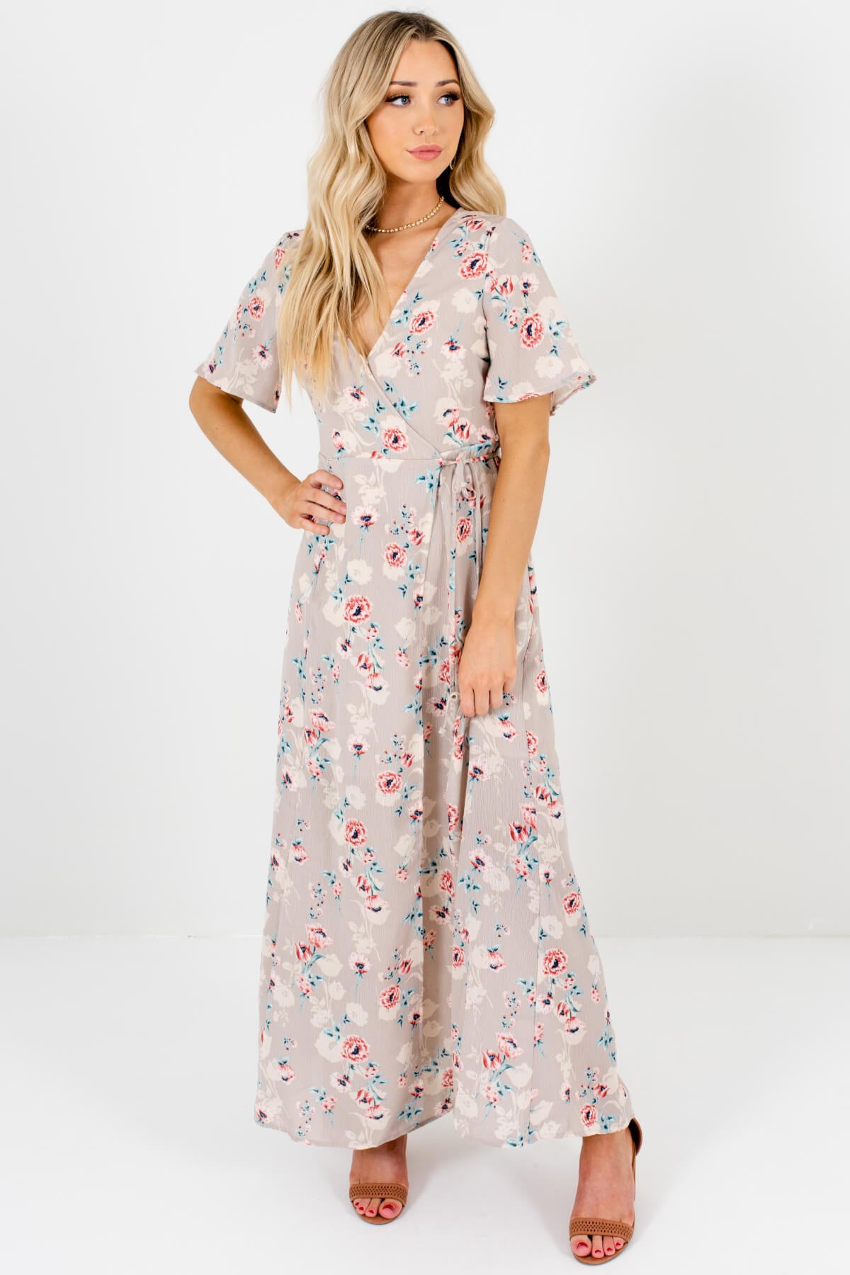 Gray Floral Print Long Maxi Wrap Dresses Affordable Online Boutique