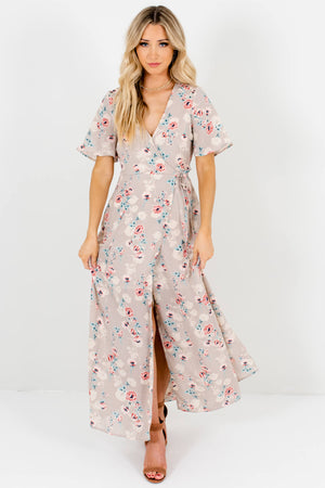 Gray Floral Print Maxi Wrap Dresses Affordable Online Boutique
