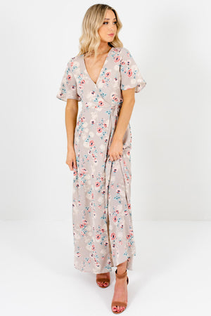Taupe Gray Floral Long Maxi Wrap Dresses Affordable Online Boutique