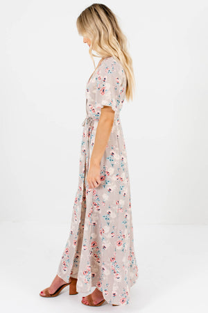 Taupe Gray Floral Maxi Wrap Dresses Affordable Online Boutique