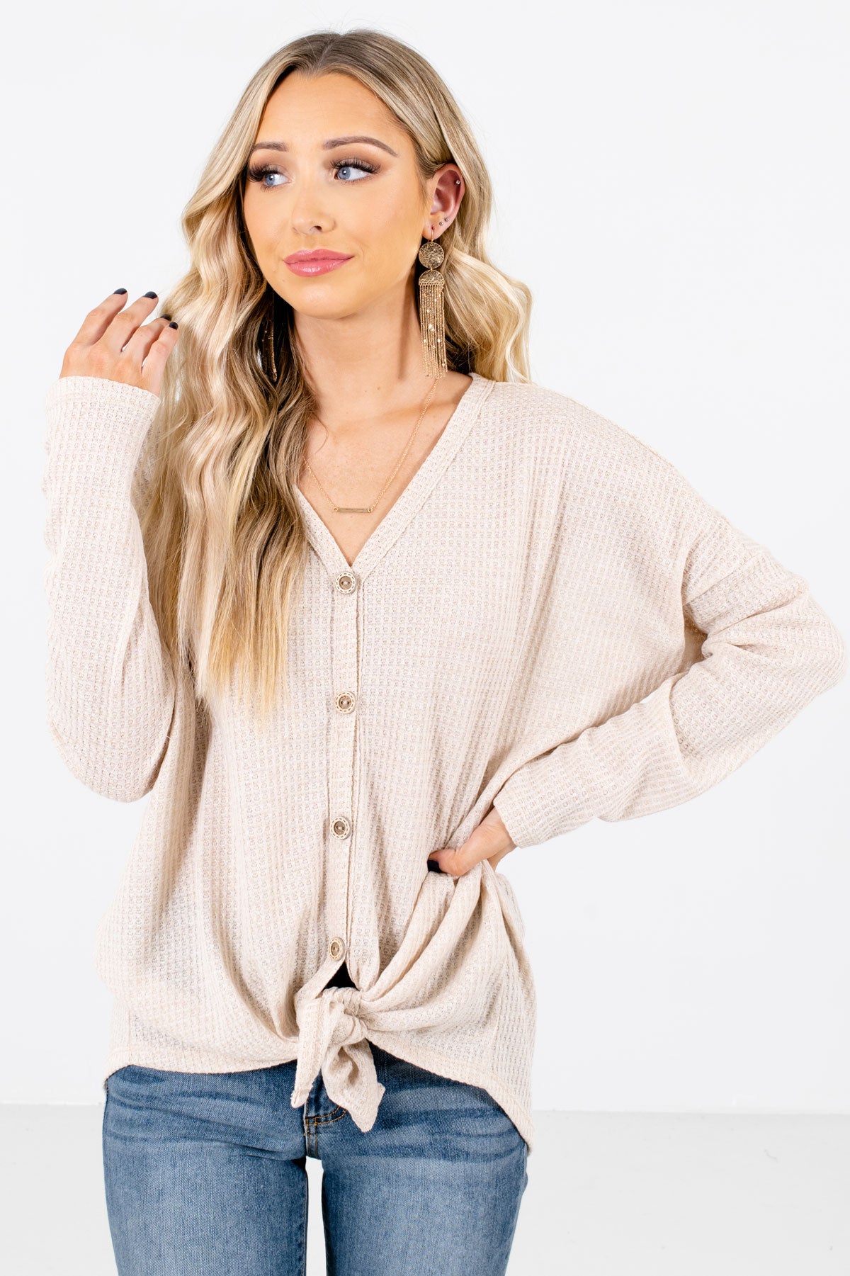 Beige Button-Up Front Boutique Tops for Women