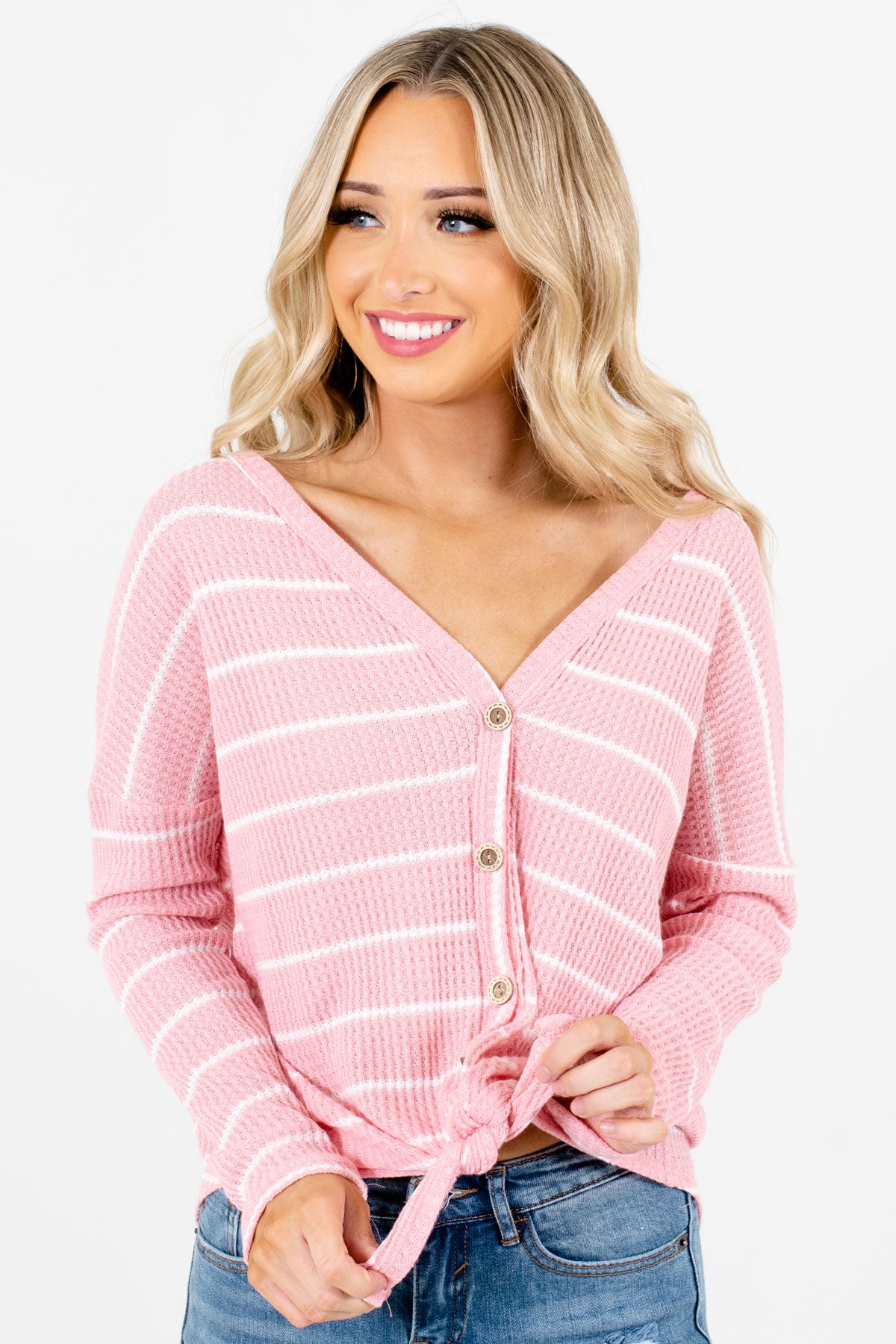 Pink and White Stripe Patterned Boutique Tops for Women