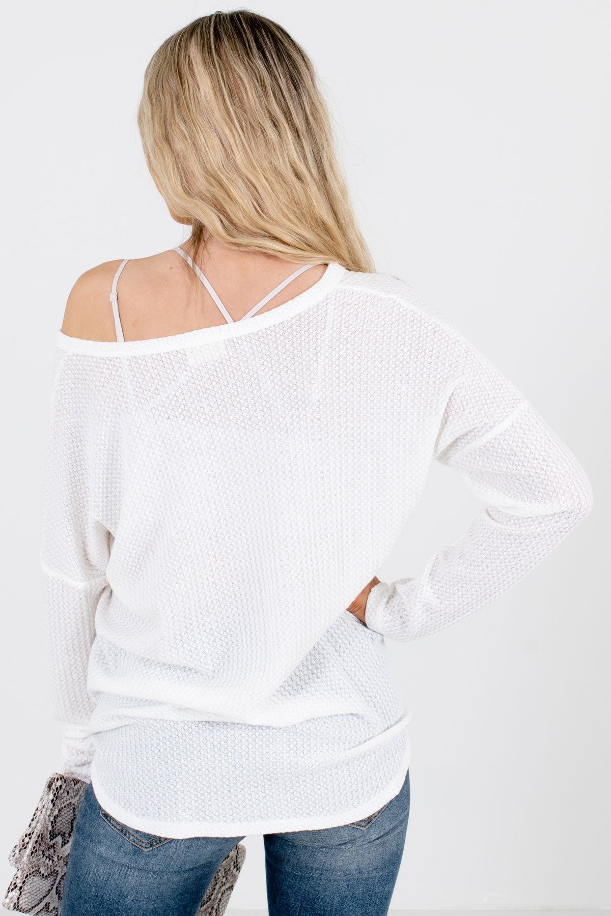 Women's White High-Quality Waffle Knit Material Boutique Top