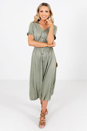 Women's Olive Green Decorative Button Boutique Midi Dress
