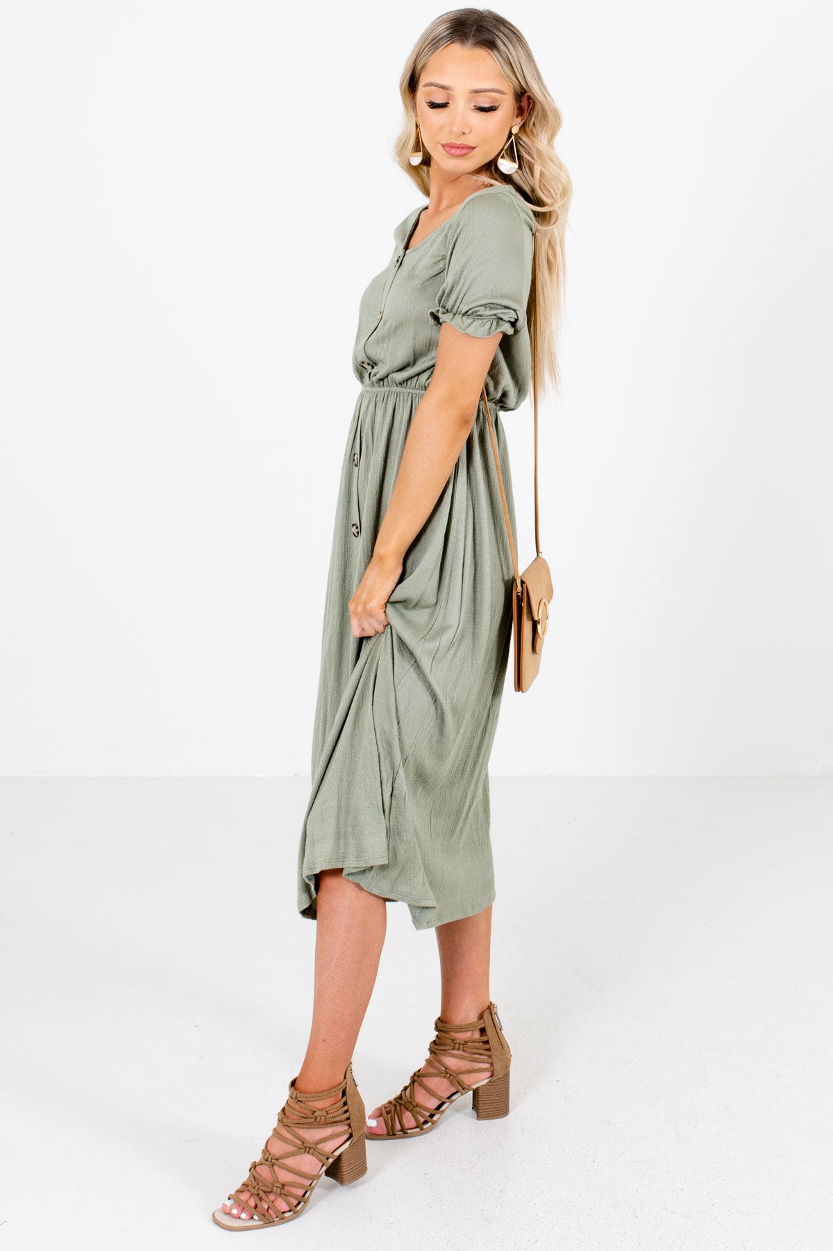 Olive Green Button-Up Bodice Boutique Midi Dresses for Women