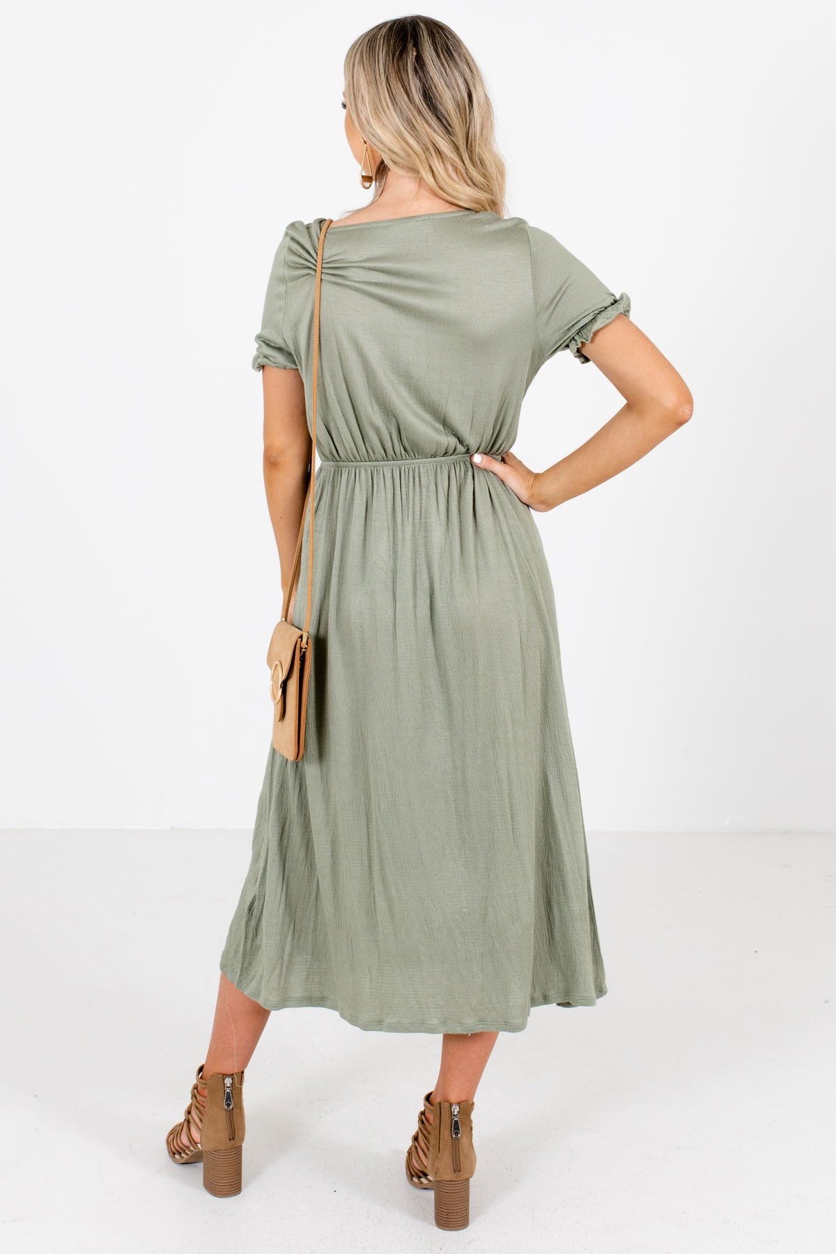 Women's Olive Green Elastic Waistband Boutique Midi Dress