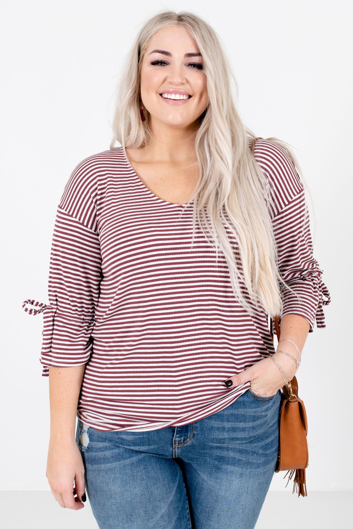 Mauve and Gray Striped Pattern Boutique Tops for Women
