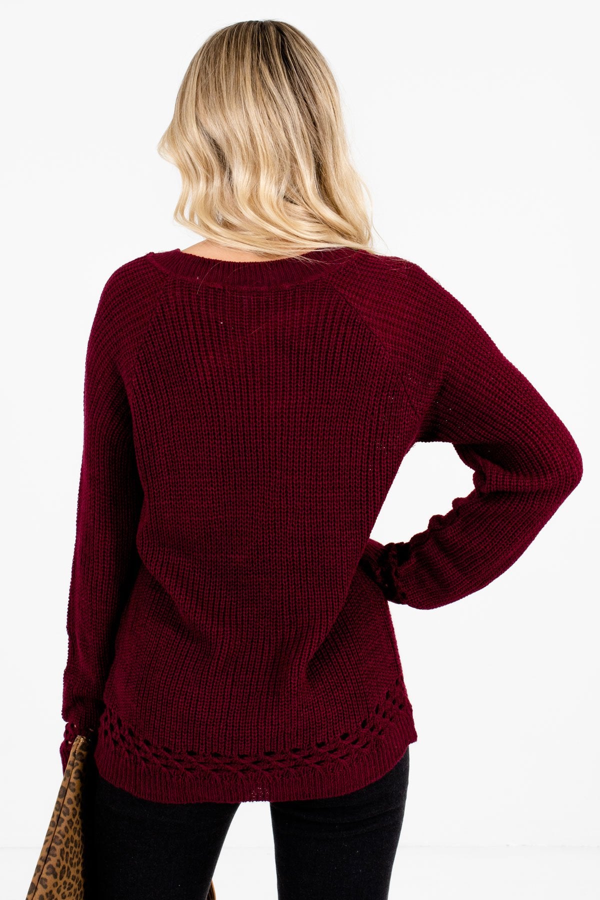Women’s Burgundy Unique Cutout Detailed Boutique Sweater