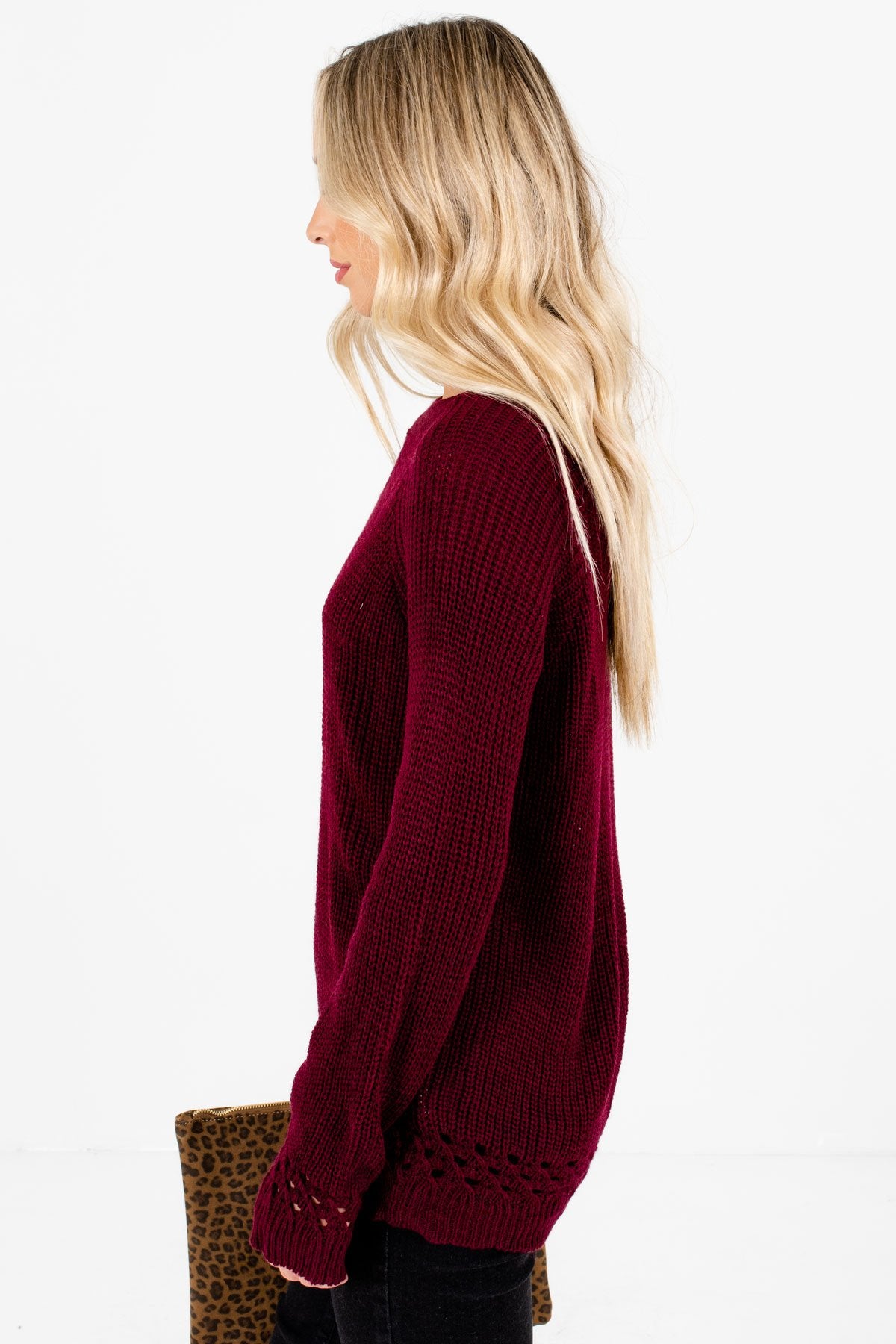 Burgundy Round Neckline Boutique Sweaters for Women