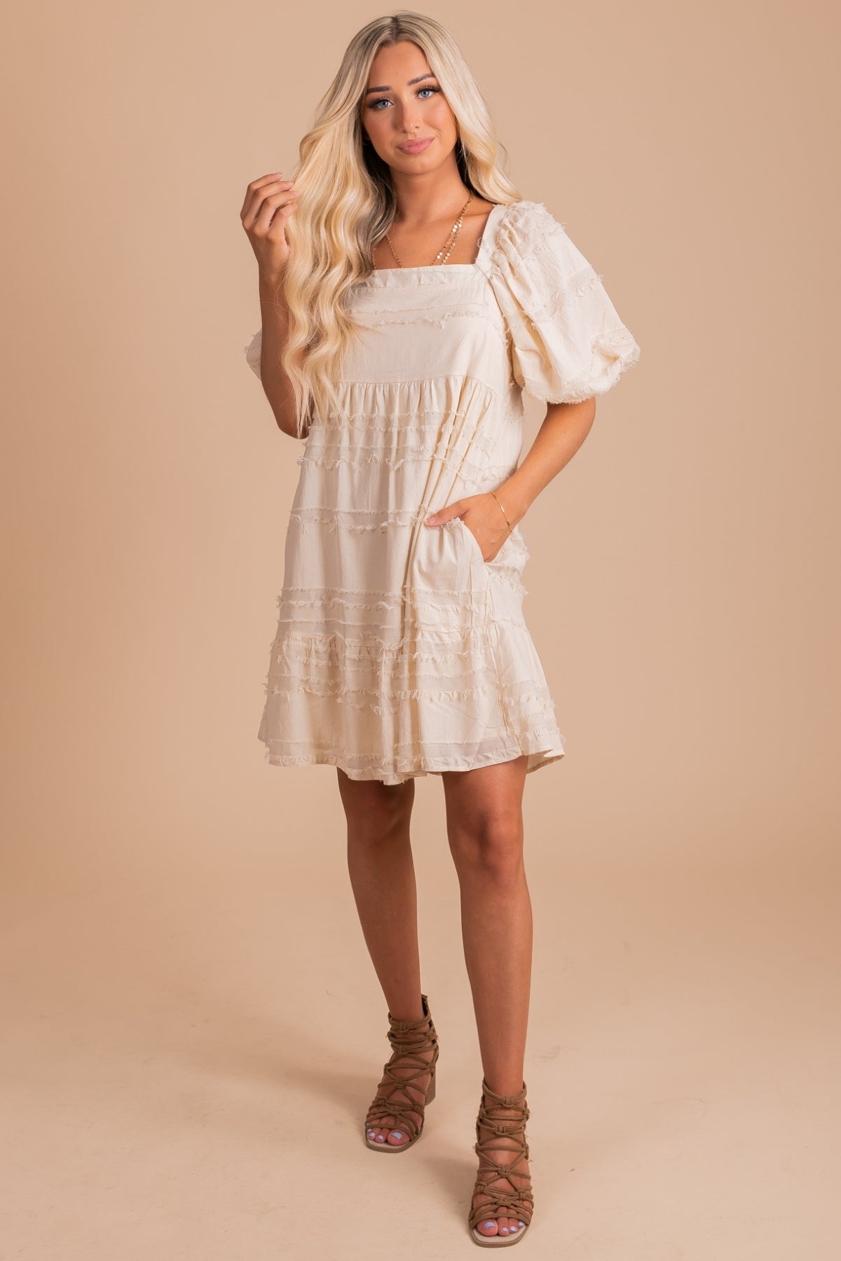 Beige Colored Mini Dress with Short Puff Sleeves