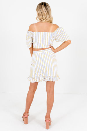 Women's White Striped Off Shoulder Style Boutique Top Two-Piece Set
