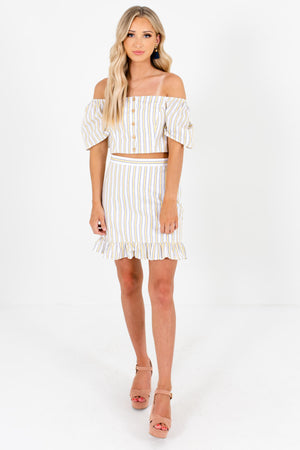 White Button-Up Front Top Boutique Two-Piece Sets for Women