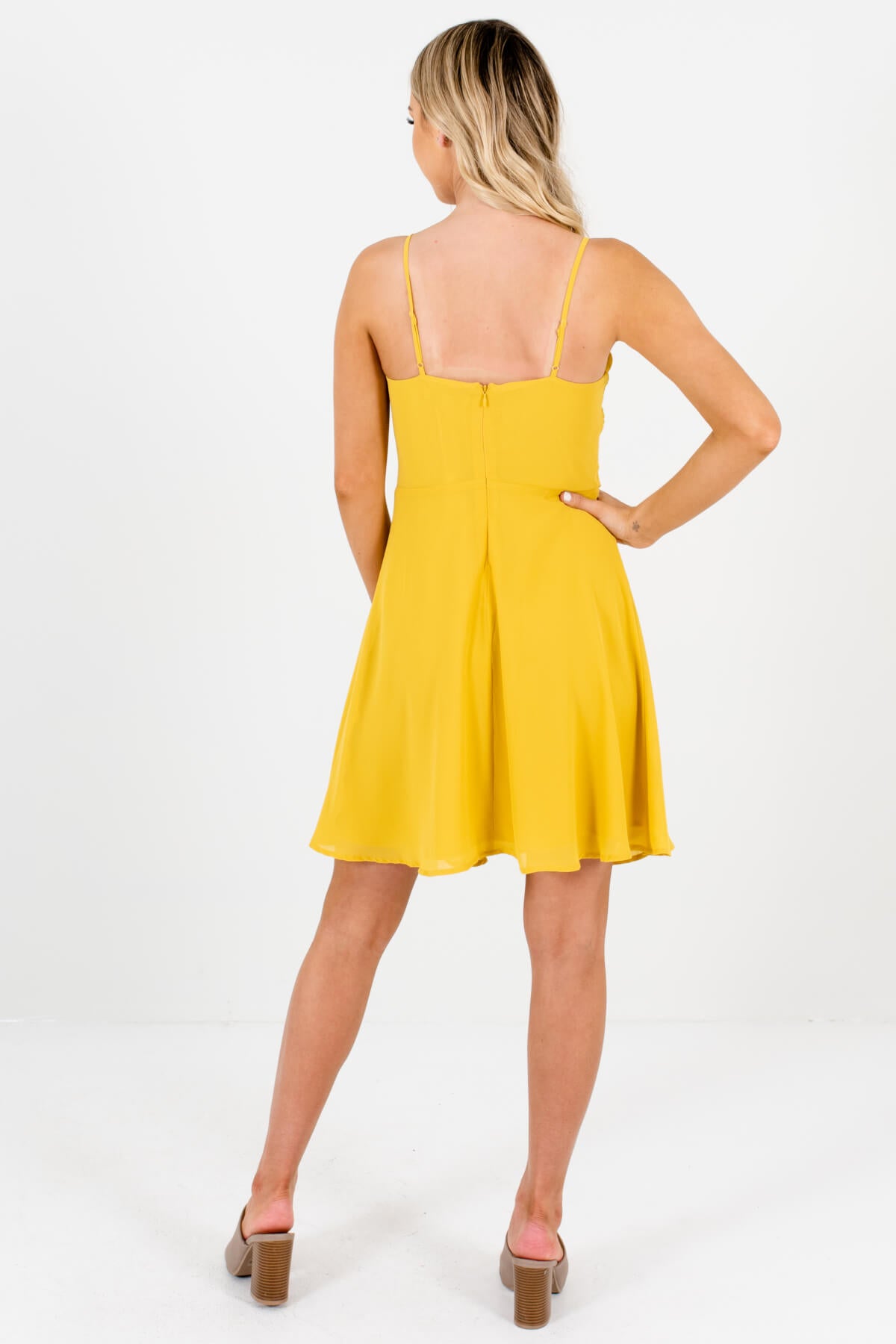Women's Yellow Adjustable Spaghetti Strap Boutique Mini Dress
