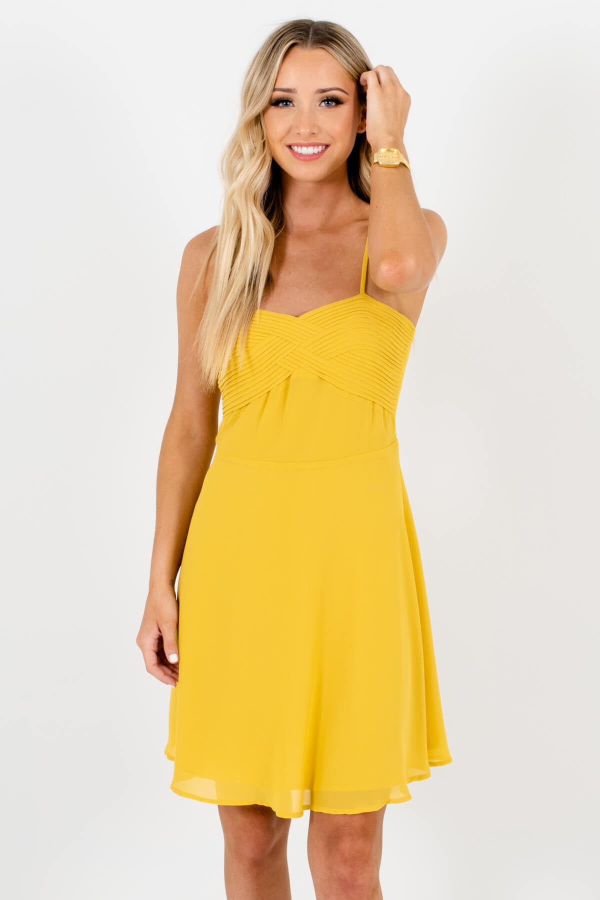 Yellow Pleated Neckline Detailed Boutique Mini Dresses for Women