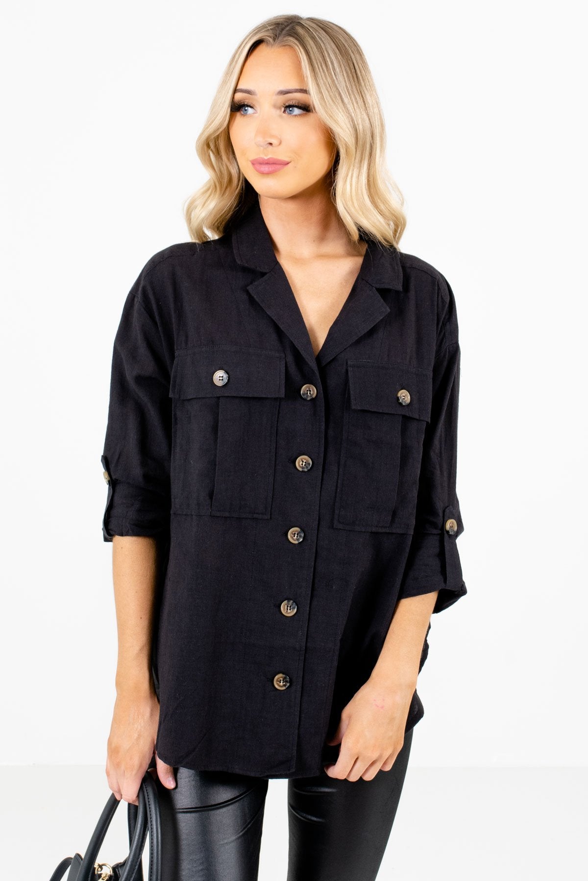 Black Button-Up Front Boutique Shirts for Women