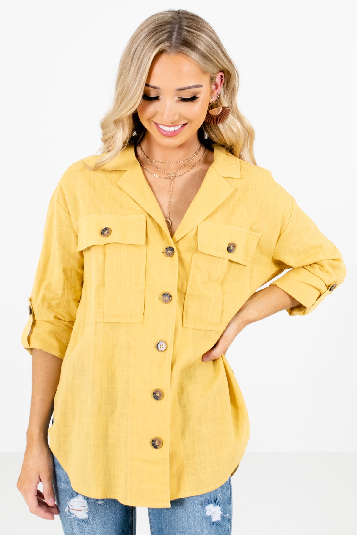 Yellow Button-Up Front Boutique Shirts for Women