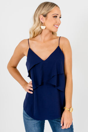 Navy Blue Ruffled Bodice Boutique Tank Tops for Women