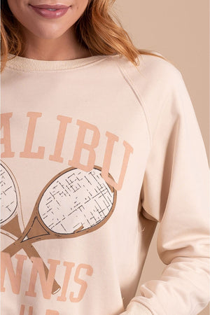 womens sweatshirt with "malibu tennis club" graphic