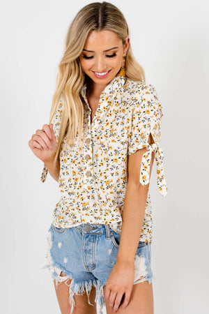 White Mustard Green Floral Print Tops and Blouses for Women