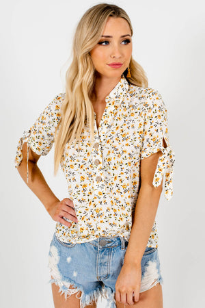 White Mustard Floral Print Button-Up Shirt Collar Blouses for Women