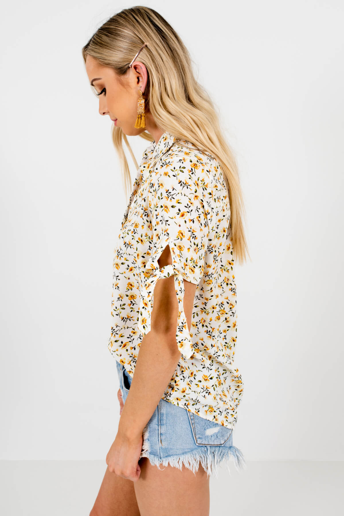 White Mustard Green Floral Print Blouses Affordable Online Boutique