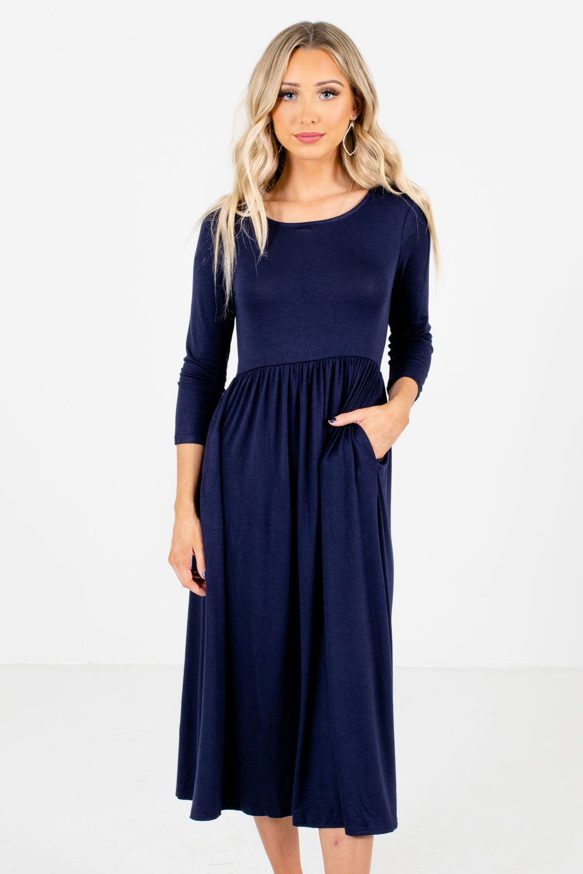Navy Blue ¾ Length Sleeve Boutique Midi Dresses for Women