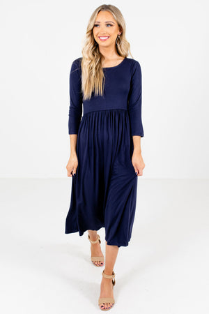 Navy Blue Boutique Midi Dresses with Pockets for Women