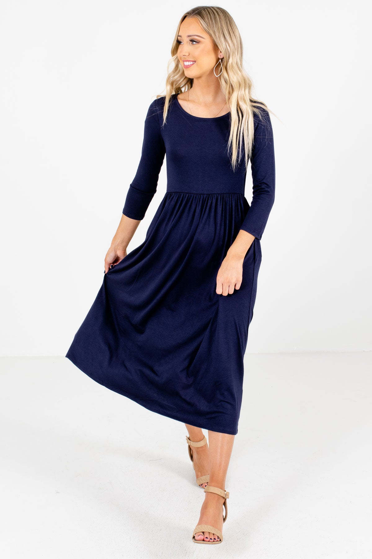 Women’s Navy Blue High-Quality Material Boutique Midi Dress