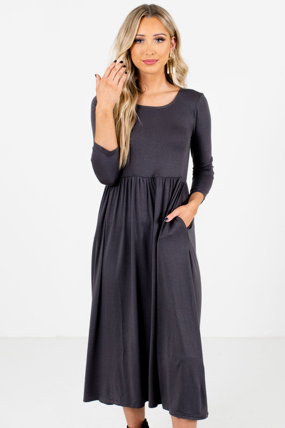 Gray ¾ Length Sleeve Boutique Midi Dresses for Women