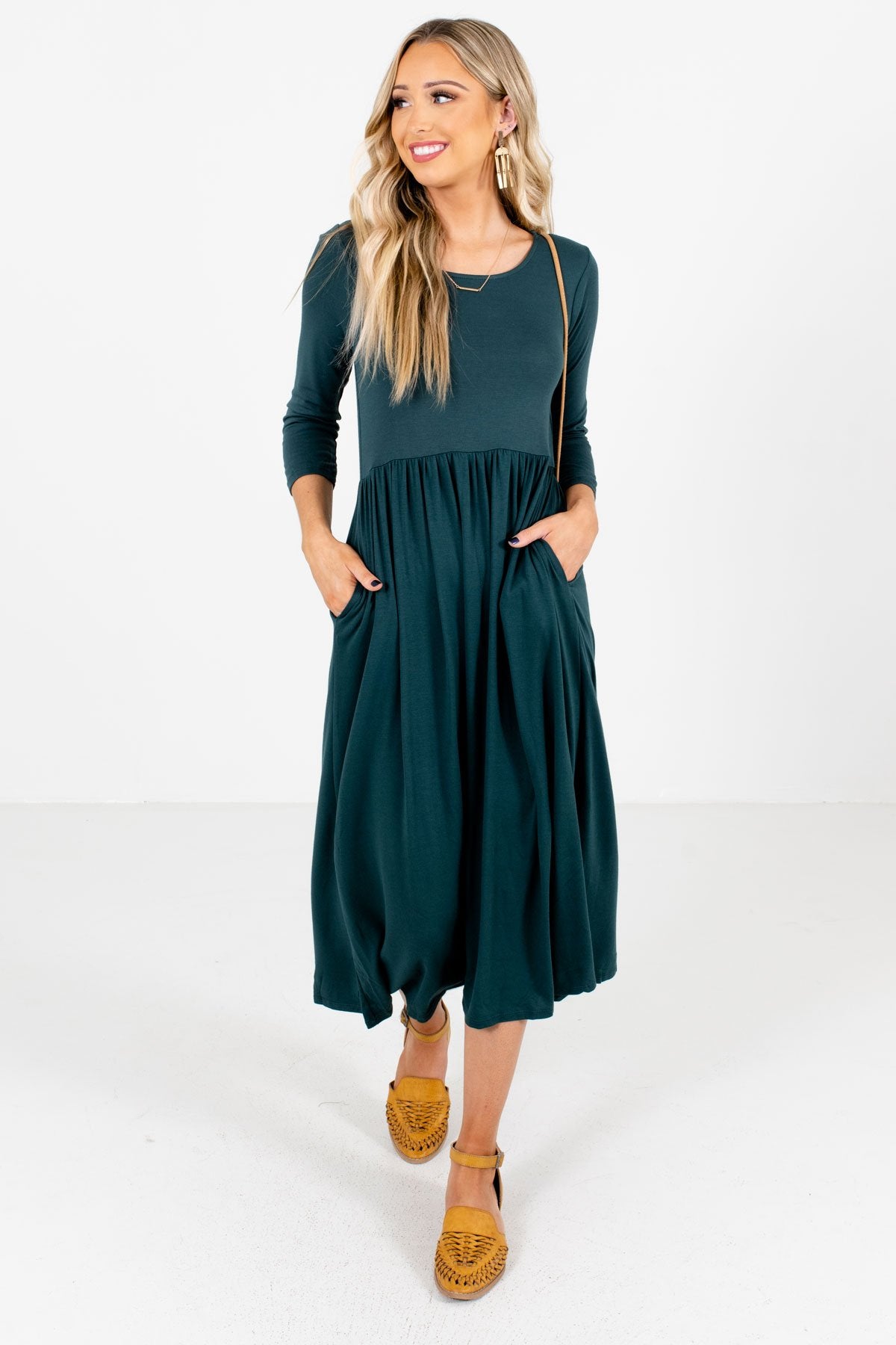 Teal Green ¾ Length Sleeve Boutique Midi Dresses for Women
