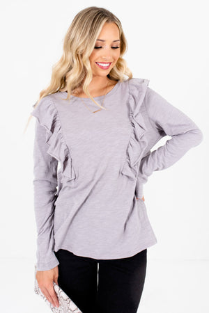 Light Slate Gray Ruffled Accented Boutique Tops for Women