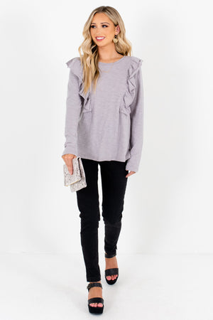 Light Slate Gray Relaxed Fit Boutique Long Sleeve Tops for Women