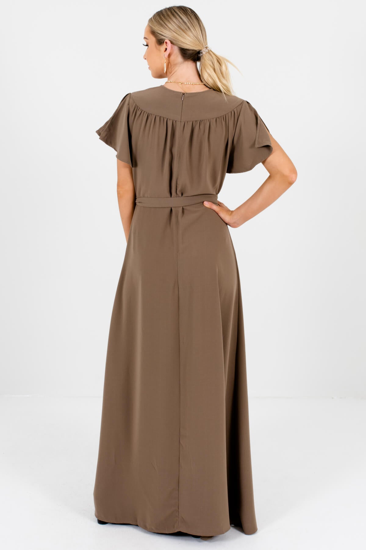Women's Brown Side Hem Slit Boutique Maxi Dress