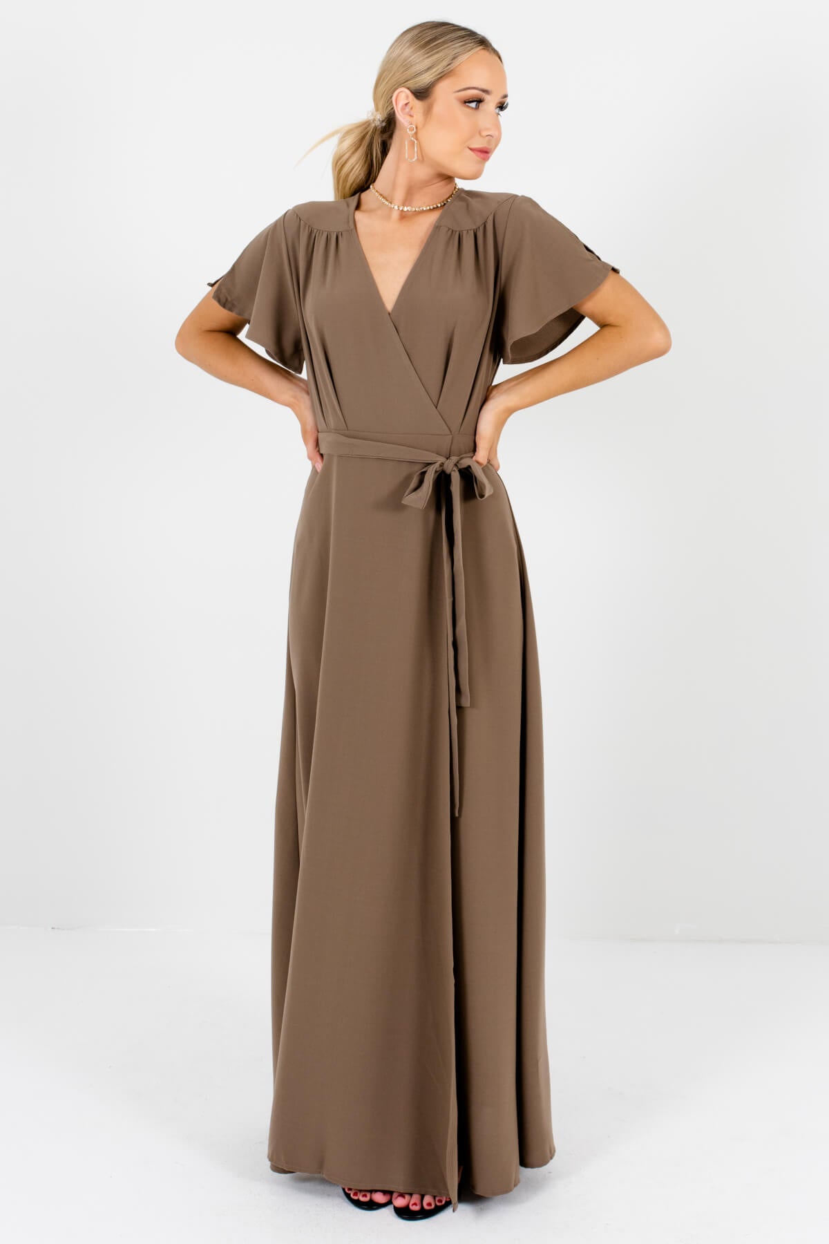 Brown Waist Tie Detail Boutique Maxi Dresses for Women