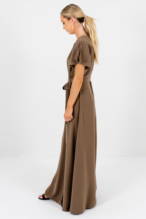 Women's Brown V-Neckline Boutique Maxi Dress