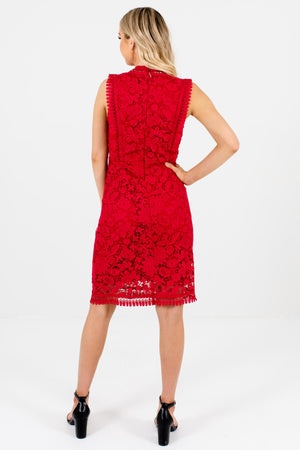 Women's Red Crochet Lace Overlay Boutique Knee-Length Dress
