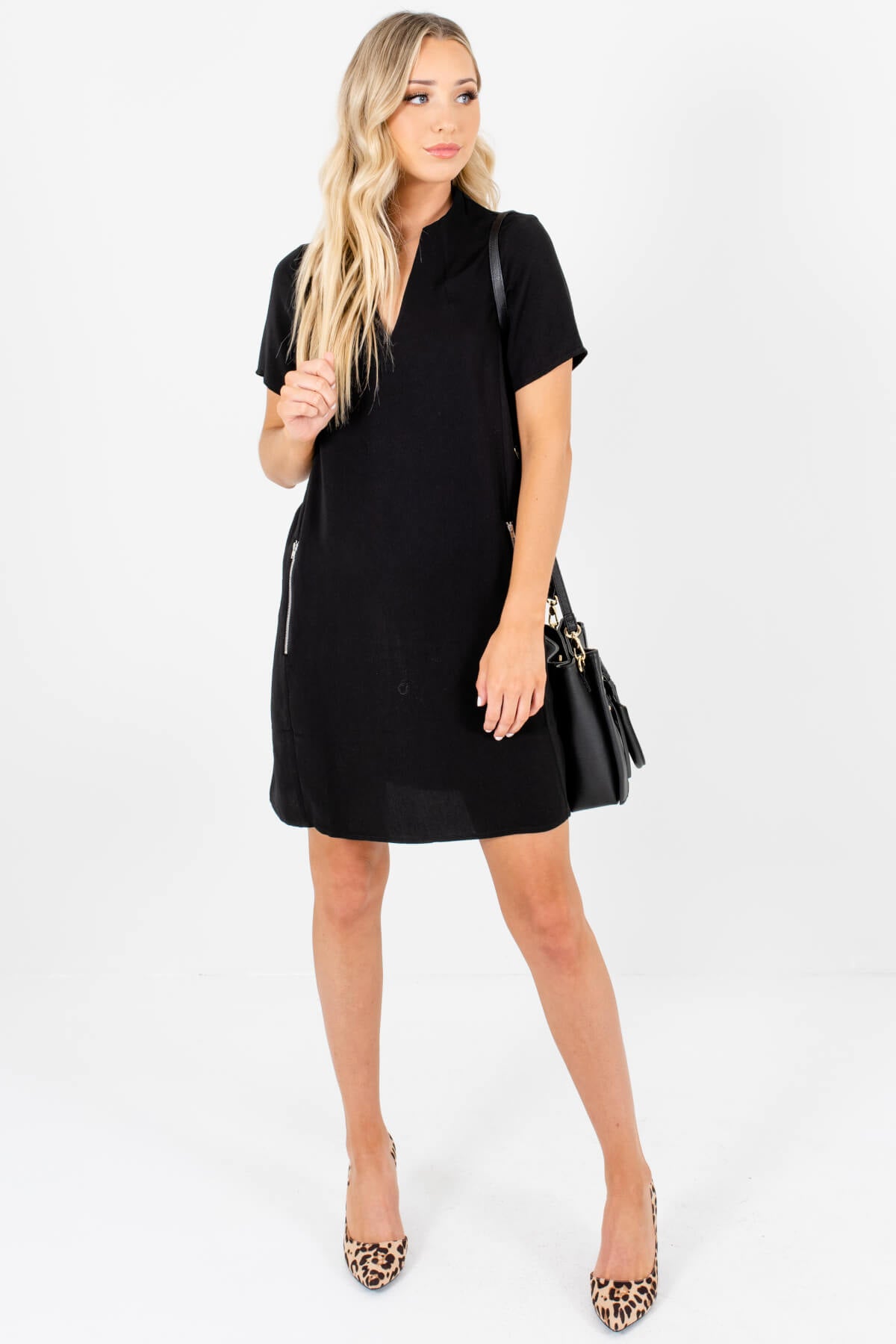 Black Straight Silhouette Zipper Mini Dresses for Women
