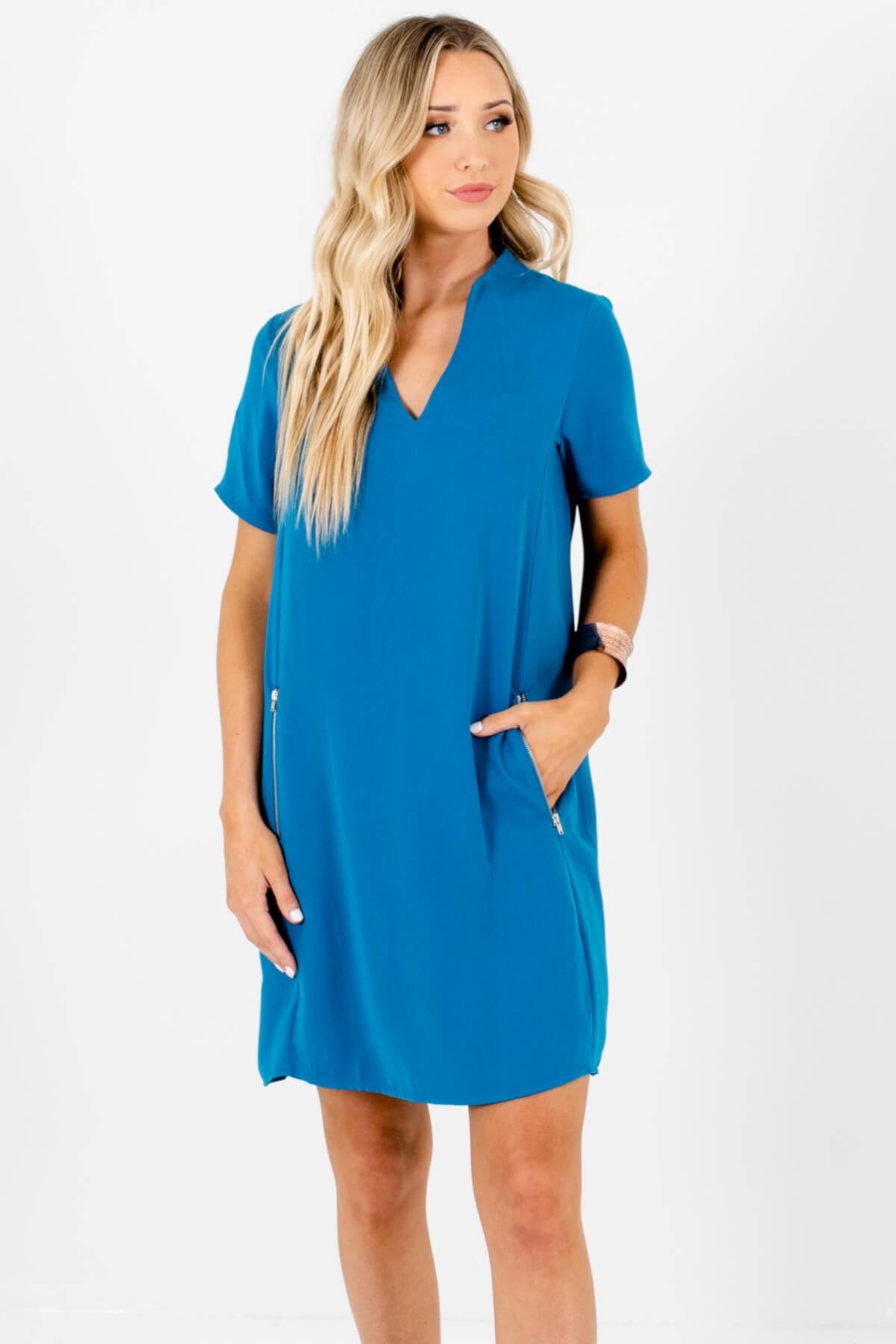 Blue Boutique Mini Dresses with Zipper Back and Zipper Pockets