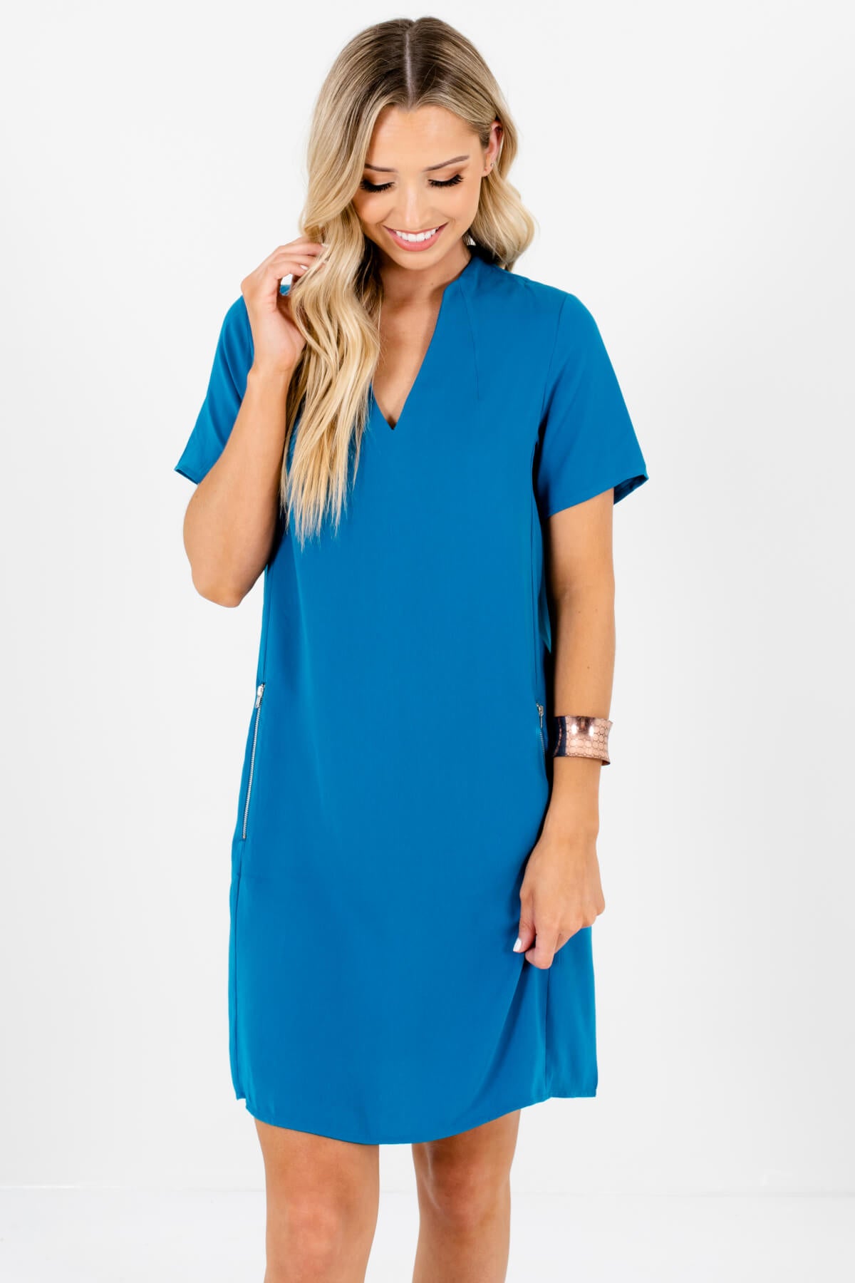 Womens Business Casual Blue Mini Dresses with Pockets