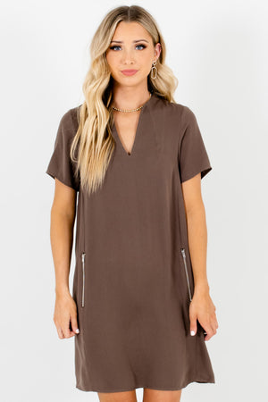 Olive Brown Zipper Mini Dresses Affordable Online Boutique Officewear